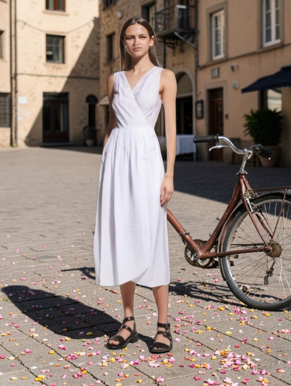 NWT VINCE Sleeveless V-Neck Wrap Side Tie Pleated Midi Dress Optic White XL